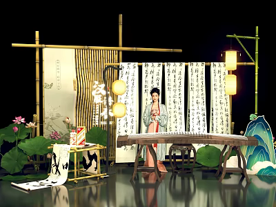 Chinese Style Photo Spot With Bamboo Screens Lanterns Lotus Guzheng And Woman In Traditional Costume 3d model
