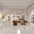 Modern Minimalist Clothing Store Interior With Circular Mirror Wooden Bench Potted Plants And Hanging Chandeliers