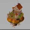 Whimsical House Building on Giant Mushroom Base with Red Roof Wooden Balcony and Green Lawn