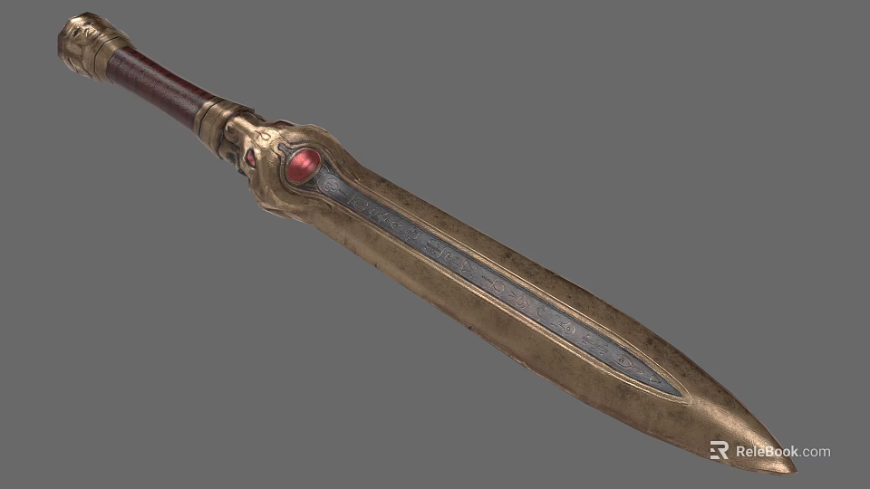 Decorative Sword With Red Gemstone Golden Decoration Metallic Blade And Red Handle 3d model 