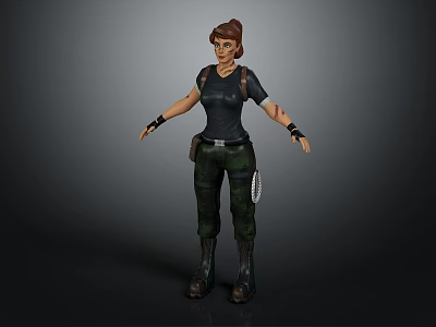 3D Female Creature Character In Black Top Camouflage Pants With Backpack Wristbands Standing Pose 3d model