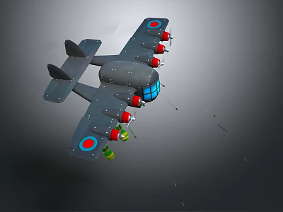 Gray Military Airplane with Red Engines Roundels Blue Windows 3D Render Design 3d model