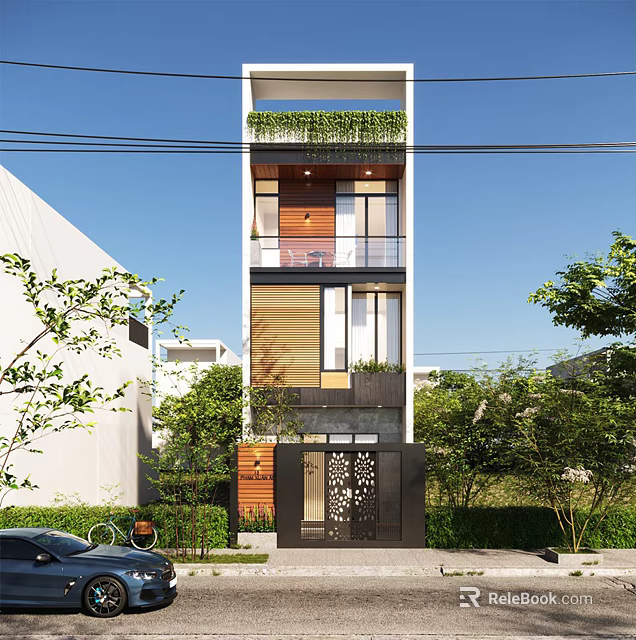 Modern Detached Villa With Wooden Metal Facade Roof Greenery Carved Door And Surrounding Greenery 3d model 