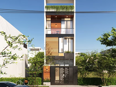 Modern Detached Villa With Wooden Metal Facade Roof Greenery Carved Door And Surrounding Greenery 3d model