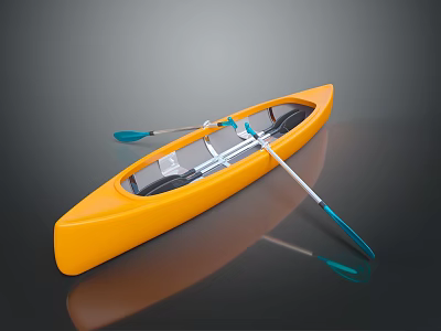 Yellow Kayak With Transparent Design And Blue Paddles On Dark Surface 3d model