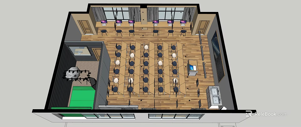 School Classroom Interior With Arranged Tables Chairs And Large Windows Design 3d model 