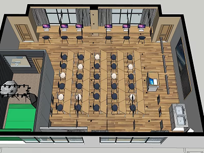 School Classroom Interior With Arranged Tables Chairs And Large Windows Design 3d model