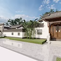 Chinese Style Semi Detached Villa With Traditional Roof White Walls Courtyard And Green Plants