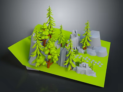3D Forest Scene Model With Pine Trees Rocks Castle And Green Base 3d model