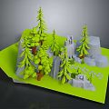 3D Forest Scene Model With Pine Trees Rocks Castle And Green Base 3d model