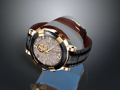 Luxury Wristwatch With Black Leather Strap Gold Frame And Decorative Dial 3d model