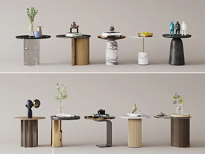 Modern Stylish Side Tables With Round Tops Marble Wood Metal Bases And Decorative Plants 3d model