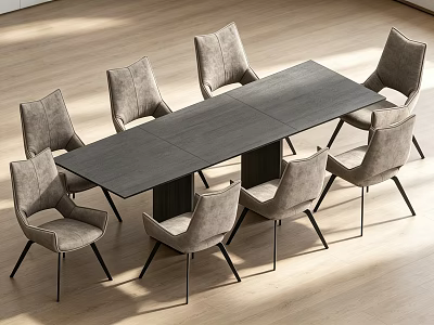 Modern Rectangular Gray Dining Table Set with Eight Gray Chairs and Black Legs 3d model