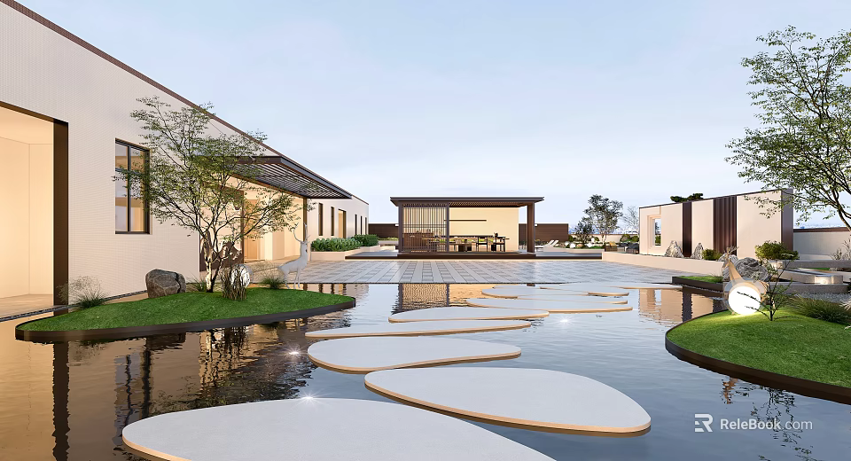 Serene Courtyard Garden With Circular Stone Slabs In Water Pool Lush Greenery And Surrounding Buildings 3d model 