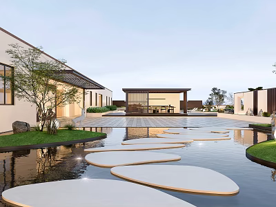 Serene Courtyard Garden With Circular Stone Slabs In Water Pool Lush Greenery And Surrounding Buildings 3d model