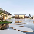 Serene Courtyard Garden With Circular Stone Slabs In Water Pool Lush Greenery And Surrounding Buildings