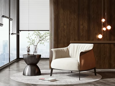 Modern Single Sofa In Living Space With Wooden Wall Large Windows And Pendant Lights 3d model