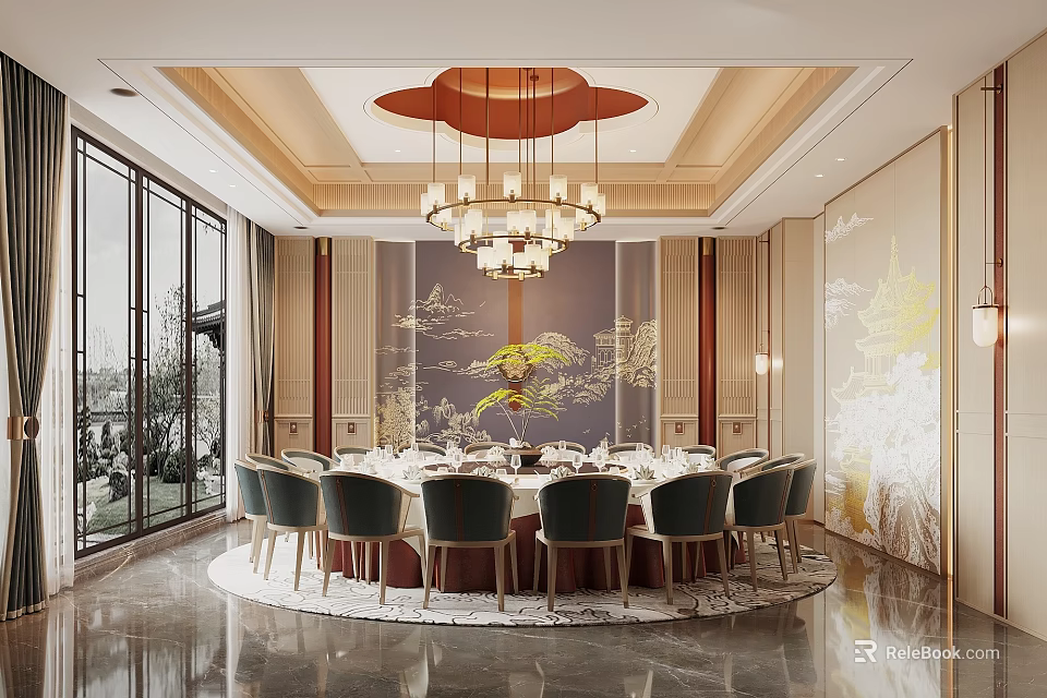 Traditional Chinese Private Dining Room With Round Table Green Chairs Chandelier And Landscape Backdrop 3d model 
