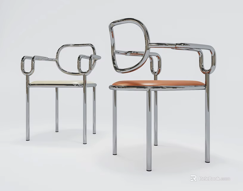Two Modern Leisure Chairs With Chrome Frame Curved Armrests And Light Orange Leather Seats 3d model 