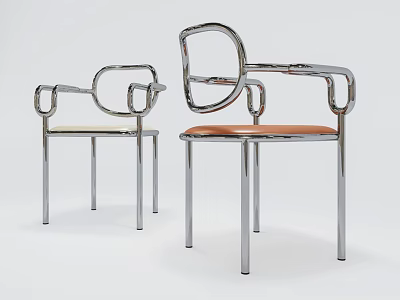 Two Modern Leisure Chairs With Chrome Frame Curved Armrests And Light Orange Leather Seats 3d model