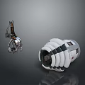 Futuristic Tech Devices Featuring Metallic Structures And Circular Rings On Grey Background