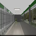 Green Themed Pharmacy Corridor Featuring Glass Medicine Cabinets And Windows With Trees Outside