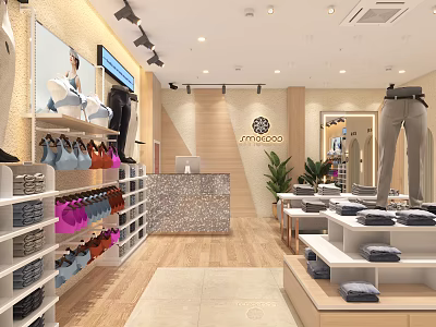 Modern Clothing Store Interior With Shelves Clothing Displays Checkout Counter And Plants 3d model