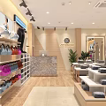 Modern Clothing Store Interior With Shelves Clothing Displays Checkout Counter And Plants