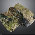 Detailed 3D Mountainous Terrain Model With Lush Vegetation And Small Buildings