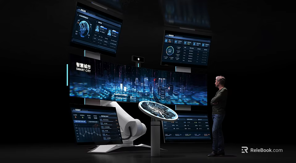 Innovative Exhibition Hall Featuring Digital Screens City Data Visuals And Circular Control Console 3d model 