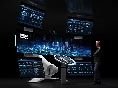 Innovative Exhibition Hall Featuring Digital Screens City Data Visuals And Circular Control Console 3d model