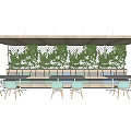 Outdoor Dining Table Set With Wooden Canopy Hanging Green Plants Bench Seats And Green Chairs