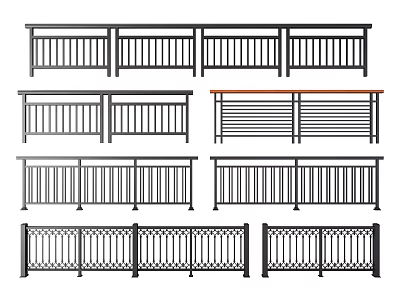 Various Metal Fence Styles With Vertical Slats And Decorative Rail Designs 3d model