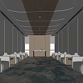 Modern Hotel Public Lounge Interior With White Sofas Central Long Table And Patterned Carpet 3d model
