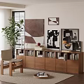 Modern Wooden Bookcase With Books Chair Plant And Wall Art In Living Room