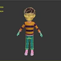 Child 3D Character With Brown Hair Yellow Blue Striped Shirt Blue Pants Red Sneakers