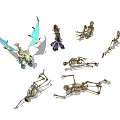 Skeletons and Blue Dragon Figure in Multiple Poses Displayed on White Background