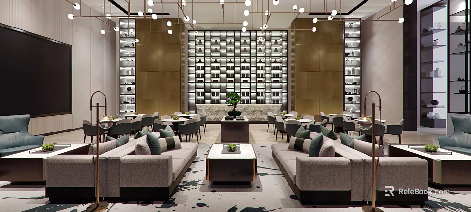 Elegant Hotel Public Lounge Interior With Sofas Coffee Tables Pendant Lights And Decorative Wall 3d model