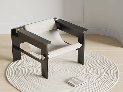 Minimalist Leisure Chair With Dark Frame Light Fabric On Round Woven Rug And Open Book 3d model