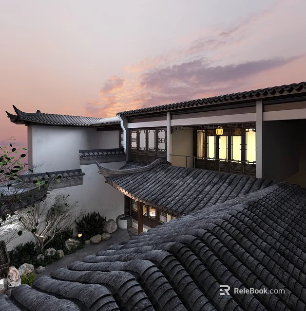 Traditional Chinese Courtyard Hinged Door With Classic Tile Roof And Sunset Sky 3d model 