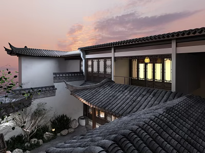 Traditional Chinese Courtyard Hinged Door With Classic Tile Roof And Sunset Sky 3d model
