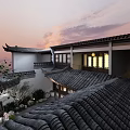 Traditional Chinese Courtyard Hinged Door With Classic Tile Roof And Sunset Sky