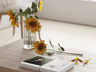 Sunflowers in Transparent Vase on Wooden Table with Books and Scattered Petals 3d model