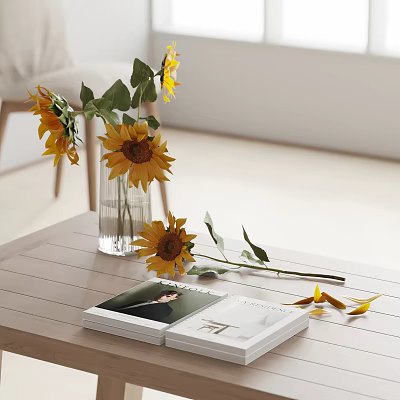 Sunflowers in Transparent Vase on Wooden Table with Books and Scattered Petals 3d model
