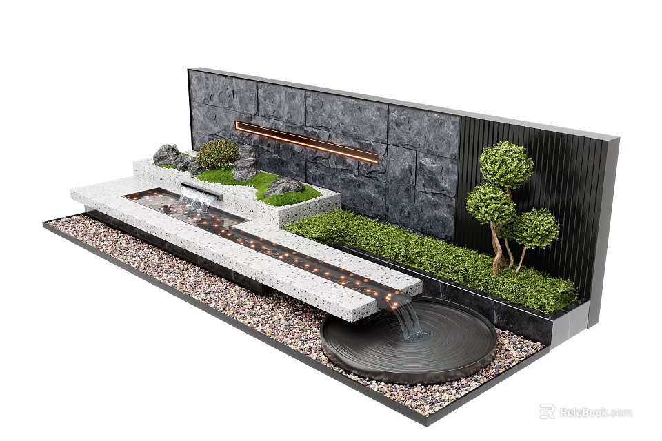 Garden Feature Wall With Gray Stone Surface Water Flow Small Plants Pebbles And Circular Pool 3d model 
