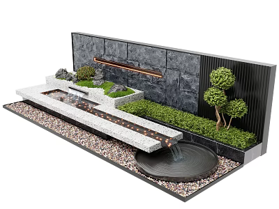 Garden Feature Wall With Gray Stone Surface Water Flow Small Plants Pebbles And Circular Pool 3d model