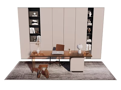 Modern Desk And Chair Set With Shelves Rug And Decorative Items On Table 3d model
