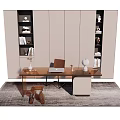 Modern Desk And Chair Set With Shelves Rug And Decorative Items On Table