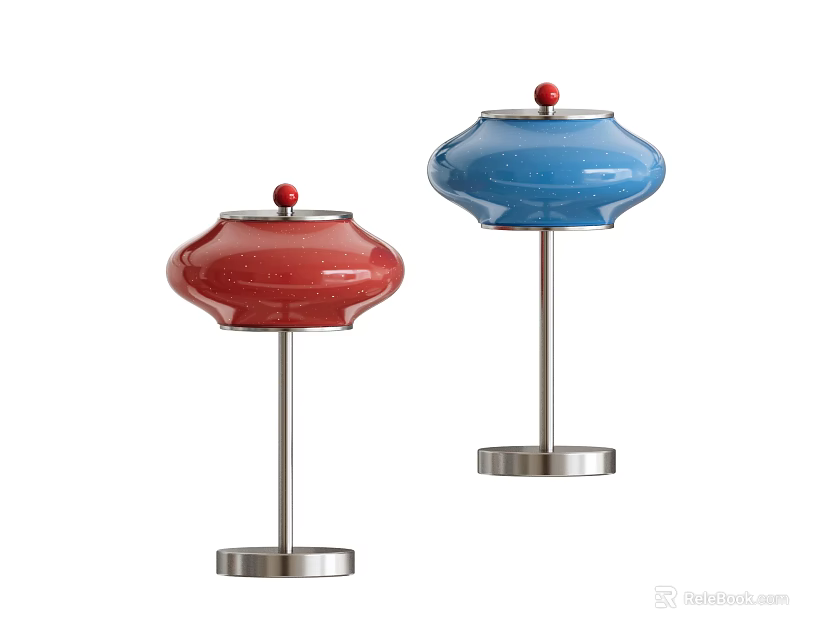 Red And Blue Lantern Shaped Table Lamps With Silver Metal Base And Red Top Knobs 3d model