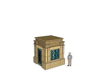 Small Brown Building With Windows And Door And Person Standing Next To It 3d model